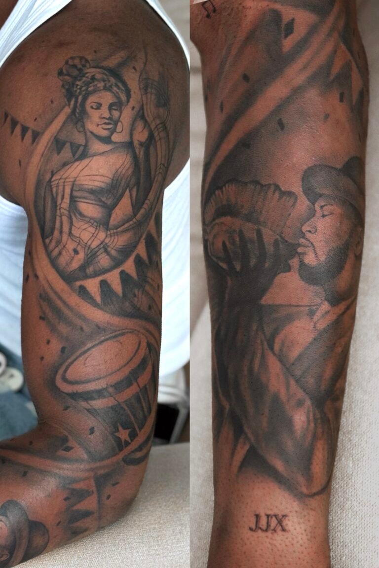 tatouage réaliste thème carnaval antillais, réalisé à montpellier